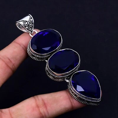 Zaffiro Blu Gemma Artigianale 925 Pendente Argento Sterling Per Nuovo Anno Gifts - Immagine 1 di 4