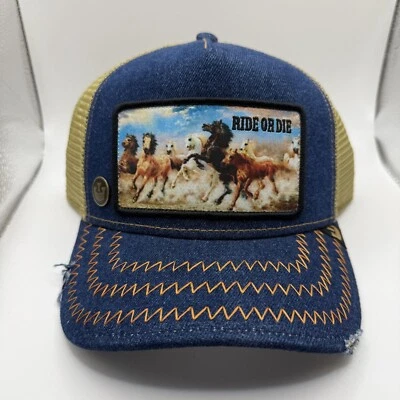 Регулируемая бейсболка Goorin Brothers Ride Or Die из джинсовой ткани/коричневого цвета с сеткой для дальнобойщиков - Изображение 1 из 4