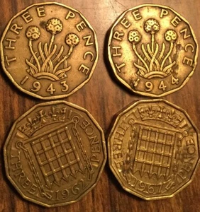 1943 1944 1962 1967 LOT OF 4 UK GB GREAT BRITAIN THREEPENCE COINS - Picture 1 of 2