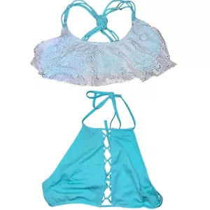 2 Rue Blue Bikini Tops High Neck Open Back, White Ruffle Blue Cross Back Large - Picture 1 of 6
