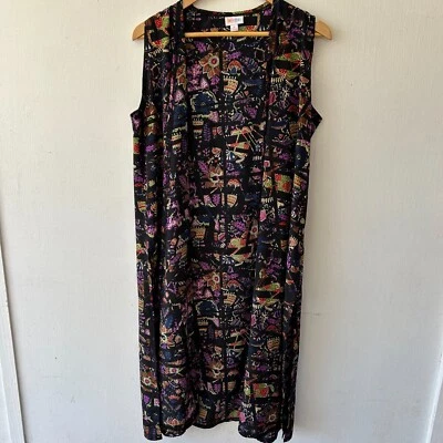 LuLaRoe Vest Womens Medium Black Floral Open Front Lightweight Long Line - Image 1 of 4