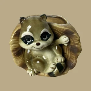 Relpo Raccoon in Log Planter #57834 Vintage Japan Ceramic Woodland Decor - Picture 1 of 9