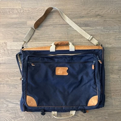 80s 90s LL BEAN Blue Canvas Leather Folding Garment Carrying Bag Travel Vintage - Image 1 of 4