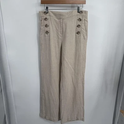 Ann Taylor 裤子女式 8 米色亚麻混纺宽腿水手纽扣高腰 — 第 1/4 张图片