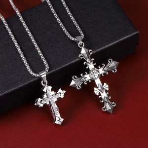 2 Stück Titan Stahl Kreuz Jesus Anhänger mit Kette - Halskette Edelstahl 70 cm - Bild 1 von 6