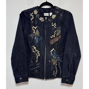 Chico's Boho Embroidered Denim Jacket Size Small Artisanal Floral Casual Luxe - Picture 1 of 5