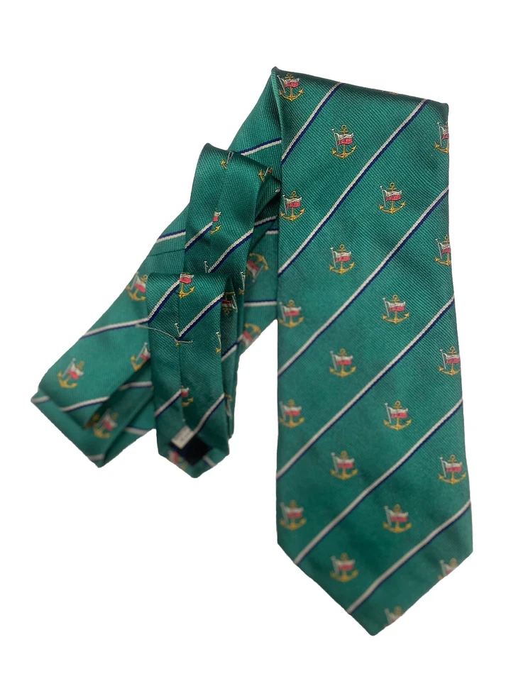 Vtg Aquascutum Of London Necktie Hand Finished Silk Anchors Flag Striped Green - Изображение 1 из 4