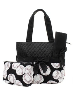 N'Gil Baseball Print 3 piece Quilted diaper bag- baby bag- Monogrammable - Picture 1 of 1