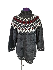 Moda Int'l Burgundy & Gray Nordic Fair Isle Mock Neck Sweater Women's Medium D47 - Picture 1 of 8