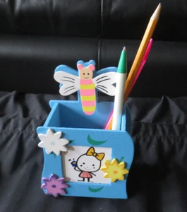 Wooden Desktop Office Pencil Pen Holder Organizer Stationary Blue with Butterfly - Picture 1 of 5