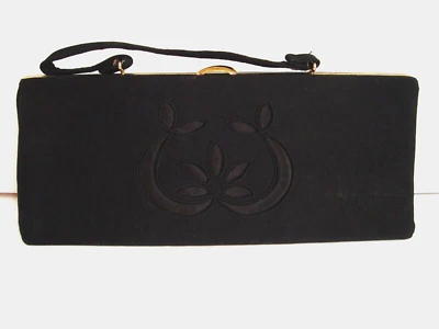 Vintage Purse Handbag Black 14" Long Unbranded Gold Tone Trim Women's Clutch - Image 1 of 4