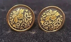 Vintage Spanish Damascene Floral Clip-On Earrings Black Gold Jewelry Stunning - Picture 1 of 12
