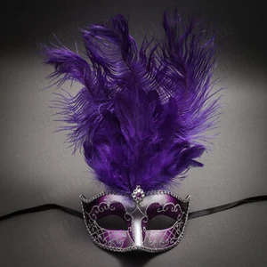 Silver Mardi Gras Glitter Party Masquerade Ball Purple Feather Women Eye Mask - Picture 1 of 4