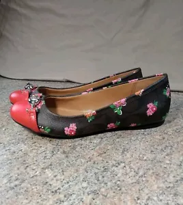 COACH Floral Leila Leather Ballet Flats Sz 6.5 Red + Brown Posy With Buckle EUC - Picture 1 of 9
