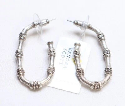 Kendra Scott Maura Vintage Silver Tone Bamboo Hoop Earrings in White CZ $75 New - Image 1 of 4