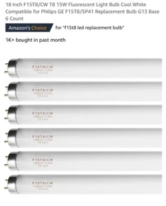 Fluorescent Light Bulbs Cool White Replacement 18” GE Pack Of 6 - Picture 1 of 5