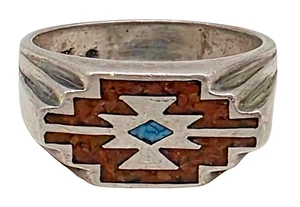 Vintage WOLF SIGNED Sterling Silver / Coral / Turquoise Men's Navajo Ring - Picture 1 of 7
