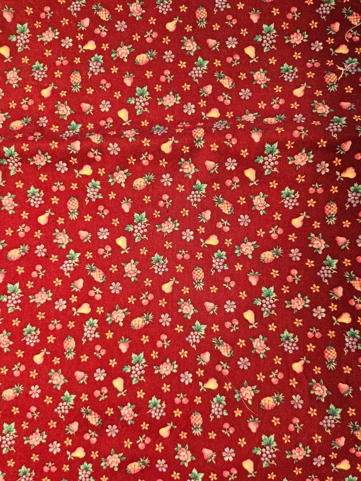 Vintage Maroon Calico Cotton Fabric w Flowers and Fruit 41"W x  36"L Vtg? - Image 1 of 1