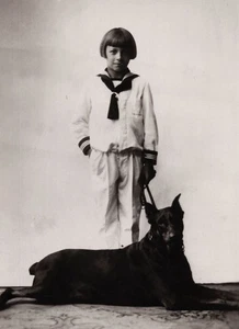 CRYPTIC BOY WITH BLACK DOG: Serious sad teenage boy antique studio portrait 8871 - Picture 1 of 3
