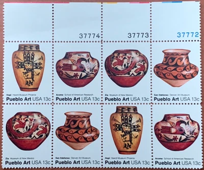 1977 Pueblo Art USA 13¢ Cent Stamp Block of 8 (Scott # 1706-1709) MNH - Image 1 of 2