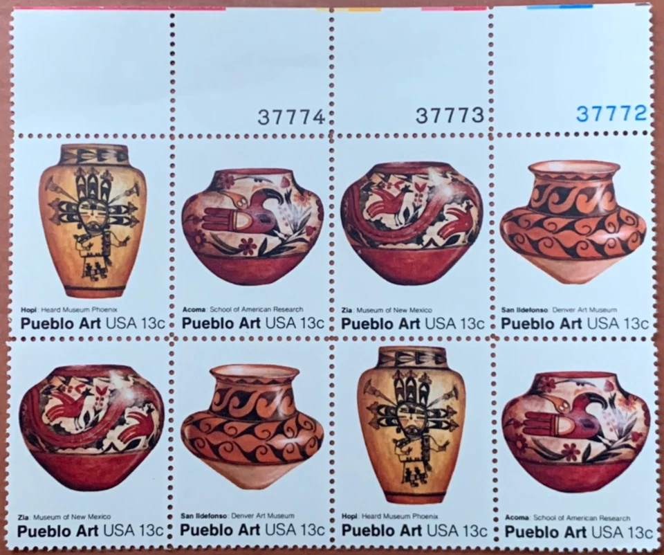 1977 Pueblo Art USA 13¢ Cent Stamp Block of 8 (Scott # 1706-1709) MNH - Image 1 of 2