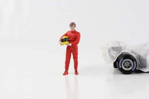 1:18 F1 Figur Racing Legend 80s Fahrer A roter Anzug gelber Helm American Dioram - Picture 1 of 3
