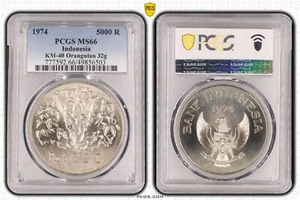 INDONESIA 5000 RUPIAH UNC COIN 1974 YEAR KM#40 ORANGUTAN PCGS GRADING MS66 - Picture 1 of 1