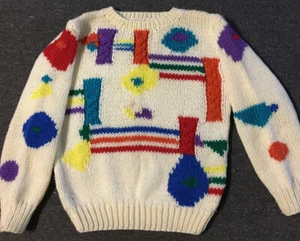 Vtg 80s Abstract Shapes Hand Knit Sweater M Art Colorblock Vaporwave 90s Picasso - Bild 1 von 9