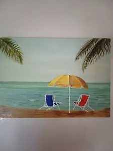 Original Acryl Gemälde Strandkörbe Schirm Palme auf 5x7 Leinwand Tafel - Bild 1 von 1