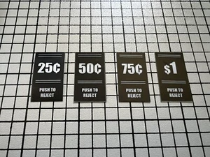 Push to Reject Arcade Münze Tür Knopf Einsatz 0,25 ¢/0,50 ¢/0,75 ¢/$1 Cent Packung 16x29 - Bild 1 von 3