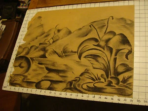 Vintage ORIGINAL 18 x 24" drawing, M. WAGNER house wavy landscape DECO origianal - Picture 1 of 4