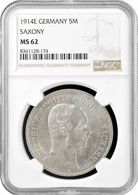 Saxony 5 mark 1914 E, NGC MS62, "King Friedrich August III (1904 - 1918)" - Image 1 of 2