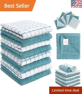 8 Pack Highly Absorbent Cotton Dish Towels | Aqua Check Design & Tote Bag - Picture 1 of 8