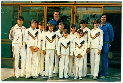 Nadia Comaneci Medalla de Oro Olímpica Rumania Juego de Postales Bandera Equipo Banderín Foto 1 de 4