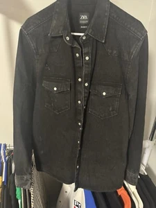 ZARA Distressed Denim Jacket Small Retro Cowboy Biker Trucker Vintage - Picture 1 of 5