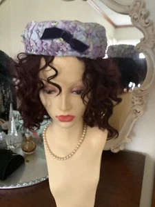 1940s 50s Vintage Pill Box Purple, Light Purple flowers - Picture 1 of 6