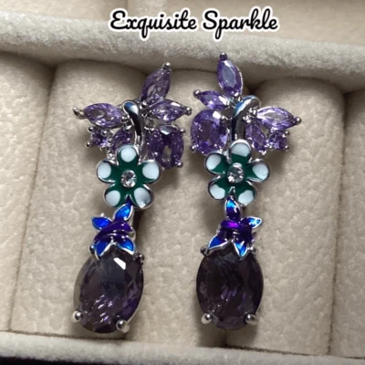 Exquisitos Pendientes Mariposa Amatista Púrpura Plata de Ley Esmalte Floral Foto 1 de 4