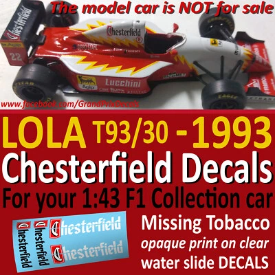F1 Collection LOLA Ferrari T93/30 1993 CHESTERFIELD water slide DECALS 1:43 size - Image 1 of 4