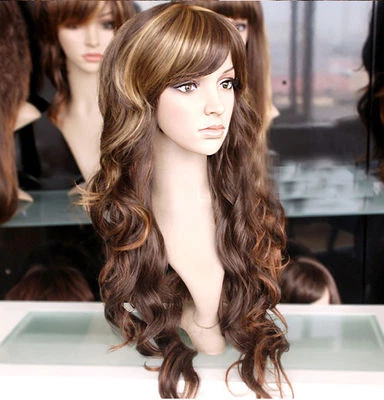Fashion Long Brown Mix Blonde Curly Wavy Women Cosplay Hair Wig Wigs + Wig Cap - Image 1 of 3