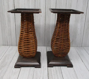 Set of 2 Partylite Island Escape Wicker/Rattan Metal Pillar Holder 8" - Picture 1 of 9