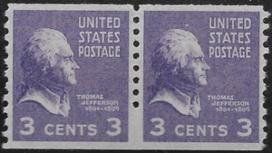 842 3 cent Thomas Jefferson Pair Missing Perforations Between At Bottom - Picture 1 of 1