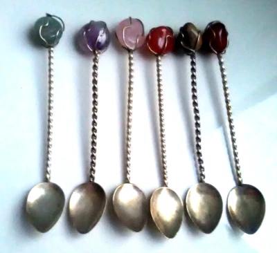 Edelstein Löffel 6x versilbert oder Silber Handarbeit Jugendstil antik Vintage - Bild 1 von 4