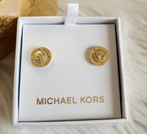 Michael Kors Gold Toned Logo Button Studs Earrings, NEW in Box - Picture 1 of 4