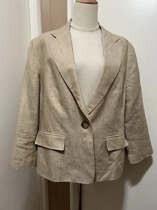 Lafayette 148 Metallic Linen Jacket Blazer Beige Gold 14 One Button Career - Picture 1 of 9