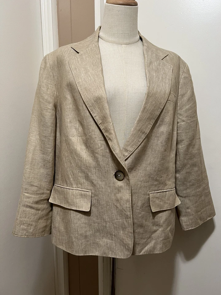 Blazer Chaqueta Lafayette 148 Lino Metálico Beige Dorado 14 Un Botón Carrera Foto 1 de 4