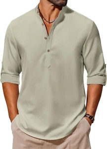 Camicia Henley Uomo Estiva Leggera Maniche Lunghe Camicia Spiaggia Casual Hippie - Foto 1 di 12