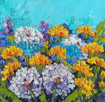 Flower Original Oil Painting Dandelions Impasto Artwork Floral Wall Art 20x20cm - Image 1 of 4