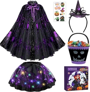 Girls Halloween Costume Spider Witch Cape LED Tutu Headband Trick Treat Bag - Picture 1 of 7