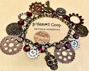 Charm Bracelet Steampunk Gears Mixed Media Altered Art 6-6.5” Artisan USA 2011 - Picture 1 of 3