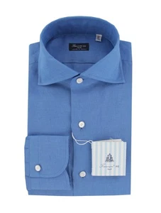 $450 Finamore Napoli Blue Solid Linen Shirt - Slim - (FN1272417) - Picture 1 of 4